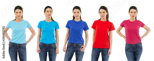 Woman wearing different colored blank shirts