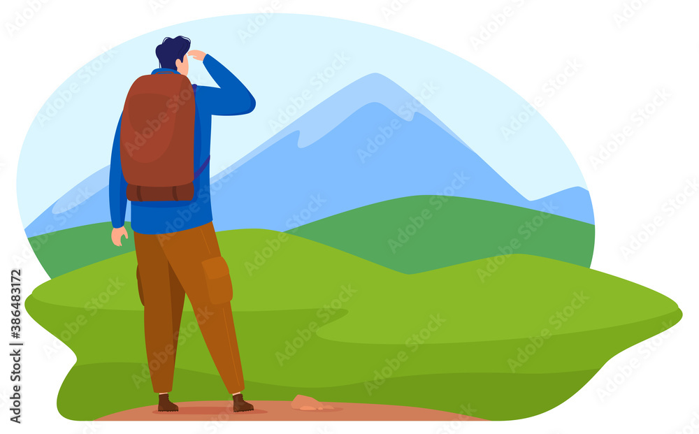 Thirism, active lifestyle. A man on top of a mountain looks at the horizon at the valleys and mountains. Cartoon style, vector illustration
