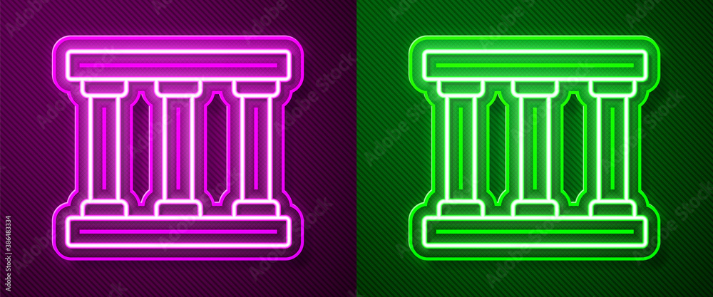 Glowing neon line Prison window icon isolated on purple and green background. Vector.