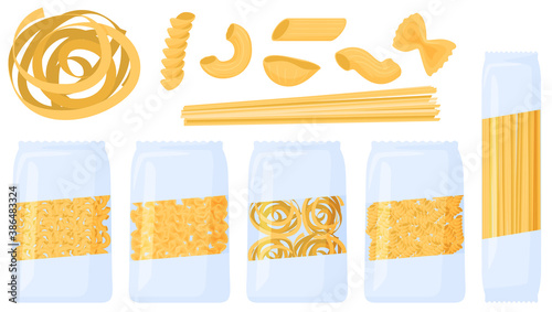 Different types of pasta. Pasta in a package, vector illustration