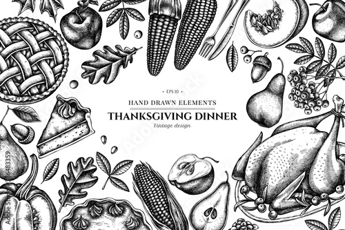 Design with black and white pumpkin, fork, knife, pears, turkey, pumpkin pie, apple pie, corn, apples, rowan, maple, oak