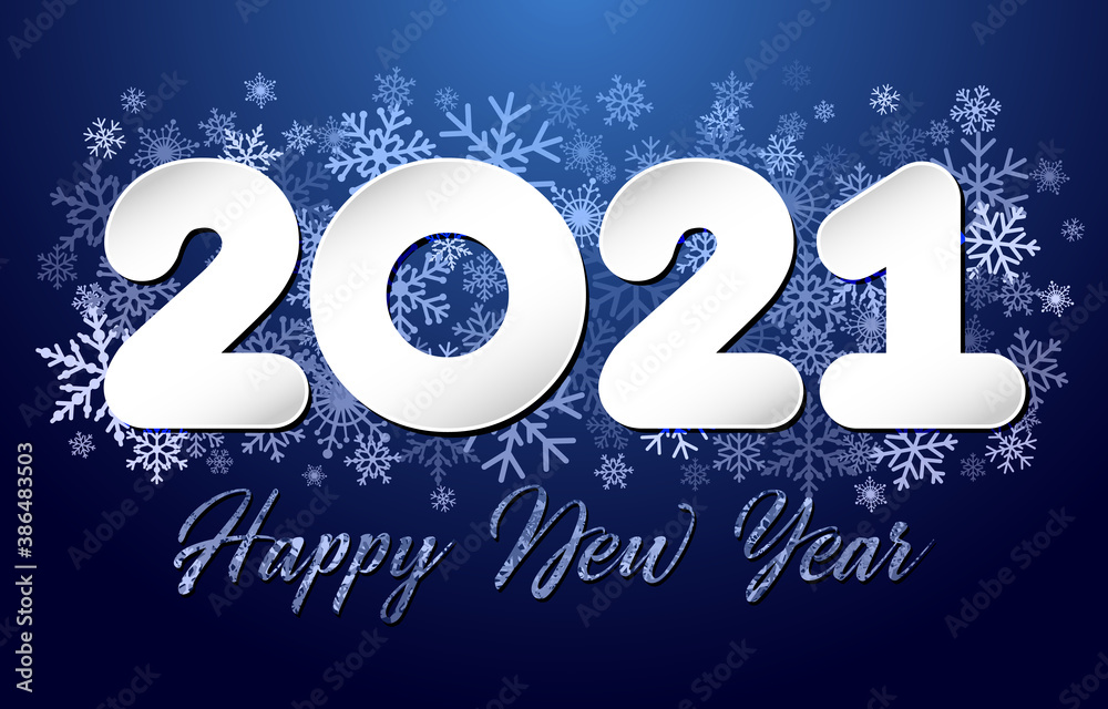 2021 A Happy New Year sign, congrats concept. Paper logotype. Beautiful snowy blue backdrop. Abstract isolated graphic design template. Decorative numbers. Winter digits. Creative Christmas decoration 2021 A Happy New Year sign, congrats concept. Paper logotype. Beautiful snowy blue backdrop. Abstract isolated graphic design template. Decorative numbers. Winter digits. Creative Christmas decoration