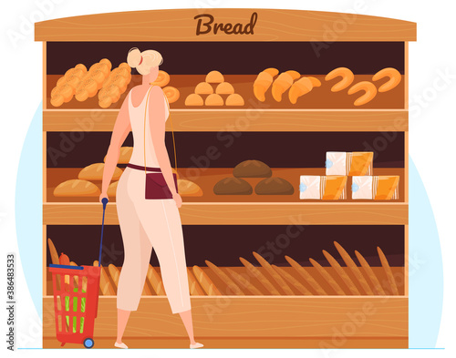 Young smiling woman standing near supermarket shelves with food groceries. Flat isolated vector illustration on white background.