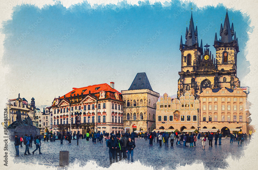Watercolor drawing of Prague: people are walking down Old Town Square Stare Mesto in historical city centre. Gothic Church of Our Lady before Tyn, evening view, Bohemia