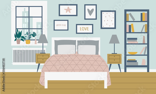 Cozy relaxing modern home bedroom interior a vector flat illustration.