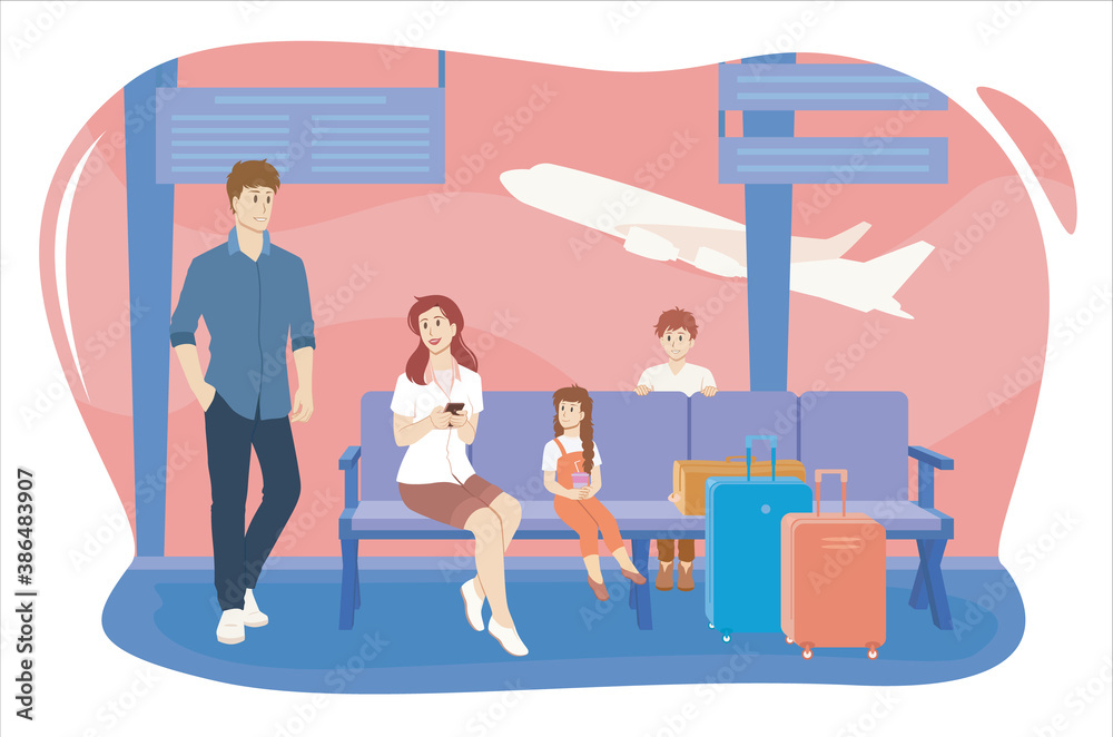 Family with children waiting for their plane at the airport. Vector illustration. Family with children waiting for their plane at the airport. Vector illustration.