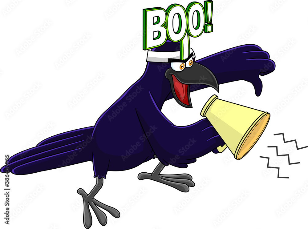 Fototapeta premium Crow Bird Character Screaming Into Megaphone And Giving Thumbs Down. Vector Illustration Isolated On White Background