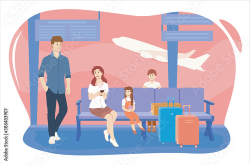 Family with children waiting for their plane at the airport. Vector illustration.