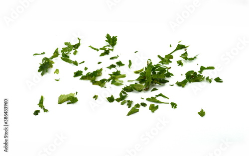 Aromatic Spice celery leaves. Chopped fresh celery leaves isolated on white. Aromatic Spice celery leaves.