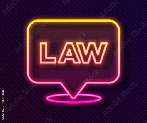 Glowing neon line Location law icon isolated on black background. Vector. photo