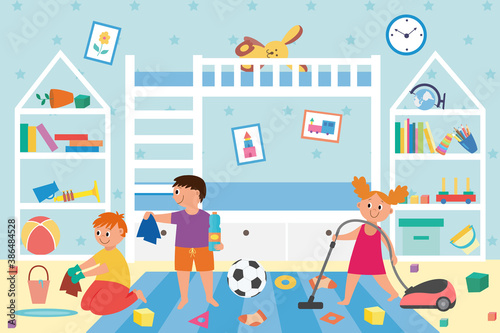 Banner with children cleaning dirty kids play room a vector illustration