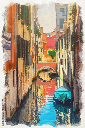 Watercolor drawing of Venice cityscape with narrow water canal with boats moored between brick walls of old buildings and stone bridge, Veneto Region, Italy. Typical Venetian view, vertical view © Aliaksandr
