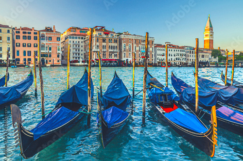 Watercolor drawing of Gondolas moored in water of Grand Canal waterway in Venice. Baroque style colorful buildings along Canal Grande and bell tower Campanile di San Marco. Typical Venice cityscape