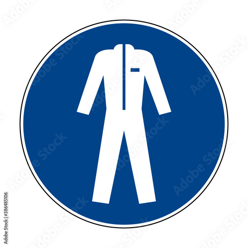 Wear protective clothing sign. Vector illustration of circular blue sign with protective suit icon inside. Protective symbol of human body. Mandatory personal protection safety sign.