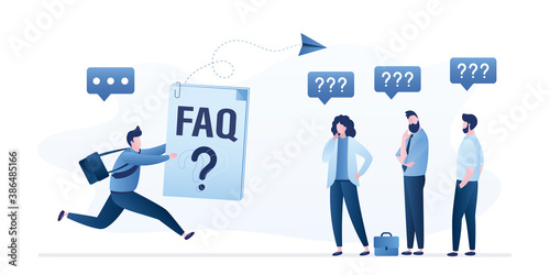 Group of business people have questions and need help. Male manager with fast support. Help line, feedback. Online user guide and FAQ.