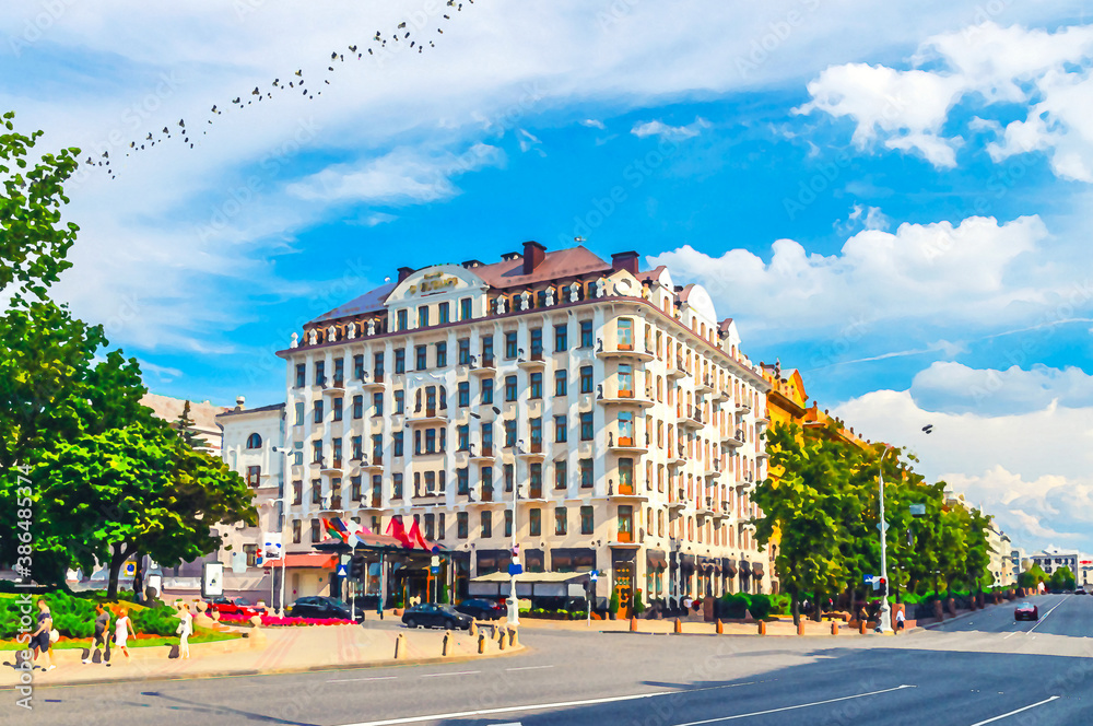 Fototapeta premium Watercolor drawing of Minsk: Hotel Europe modern style building on Freedom Svabody square Pobediteley Peramohi Avenue in Upper Town historical city centre, blue sky white clouds in sunny summer day