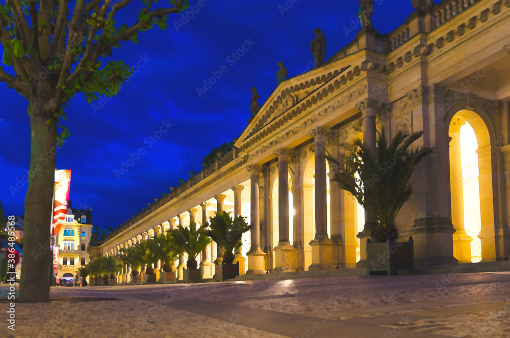 Obraz premium Watercolor drawing of The Mill Colonnade Mlynska kolonada building with columns and hot springs in spa town Karlovy Vary Karlsbad historical centre, night evening view, West Bohemia, Czech Republic
