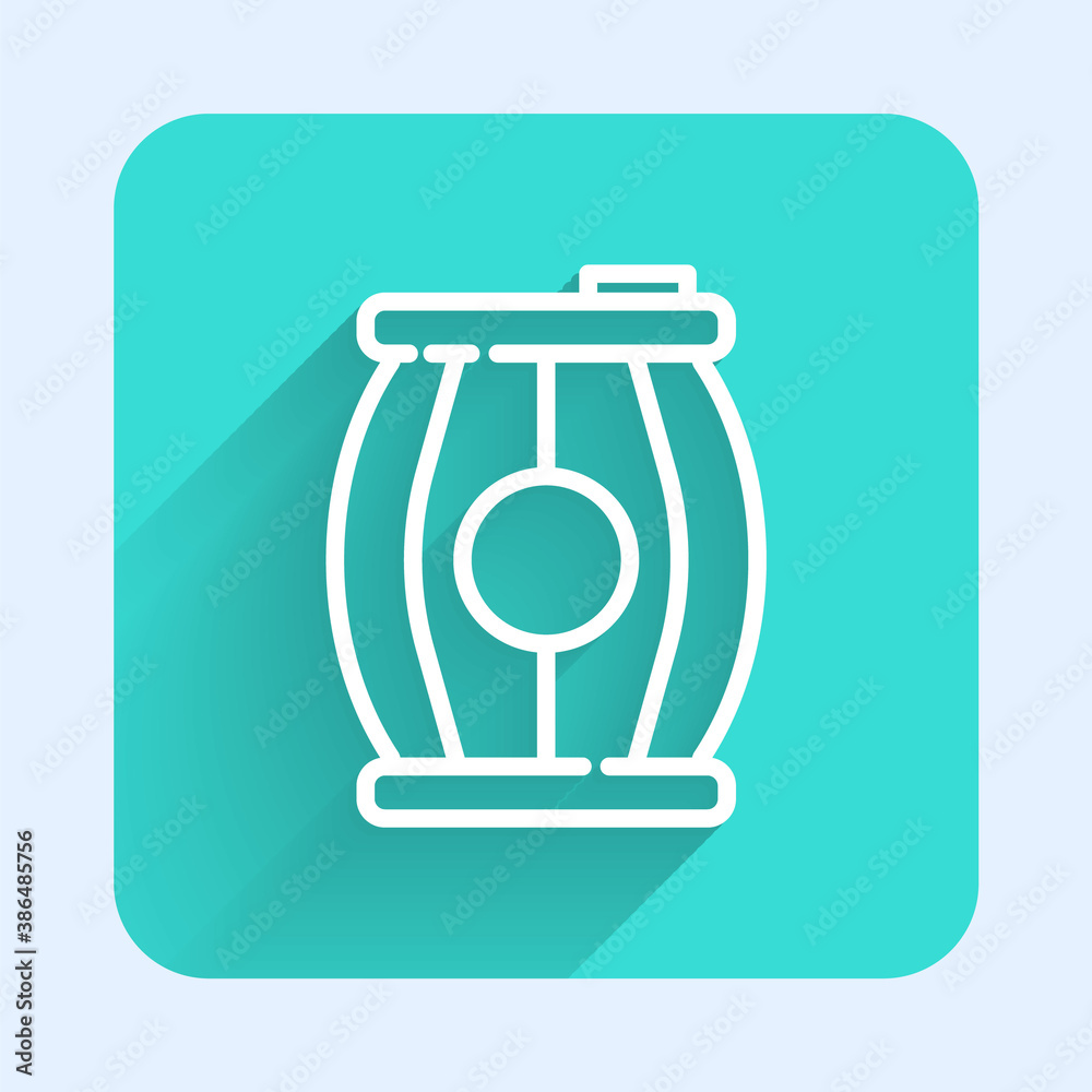 White line Gun powder barrel icon isolated with long shadow. TNT dynamite wooden old barrel. Green square button. Vector. White line Gun powder barrel icon isolated with long shadow. TNT dynamite wooden old barrel. Green square button. Vector.