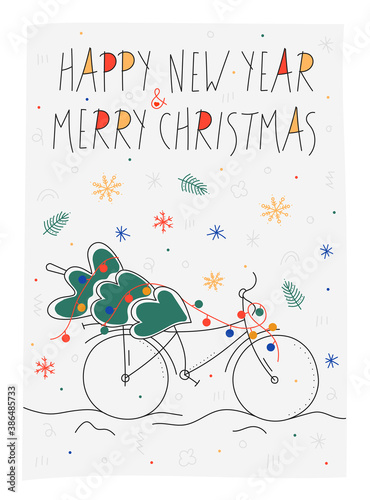 Stylish doodle postcard with a bicycle carrying a christmas tree and an lettering. Christmas and New Year postcards. Hand Drawn style. Flat doodle holiday postcards template