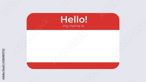 Hello badge name template. Business card identification with name of character attached red badge for presentation.