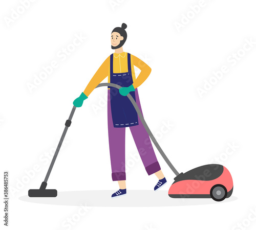 Cleaning service worker using vacuum cleaner flat vector illustration isolated.