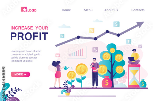Group of successful investors or business people increase profit  landing page template. Earnings on stock exchange  investments.