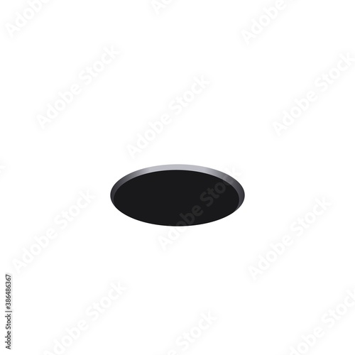Golf hole isolated on white. Round black hole on surface for ball in sport competition. photo