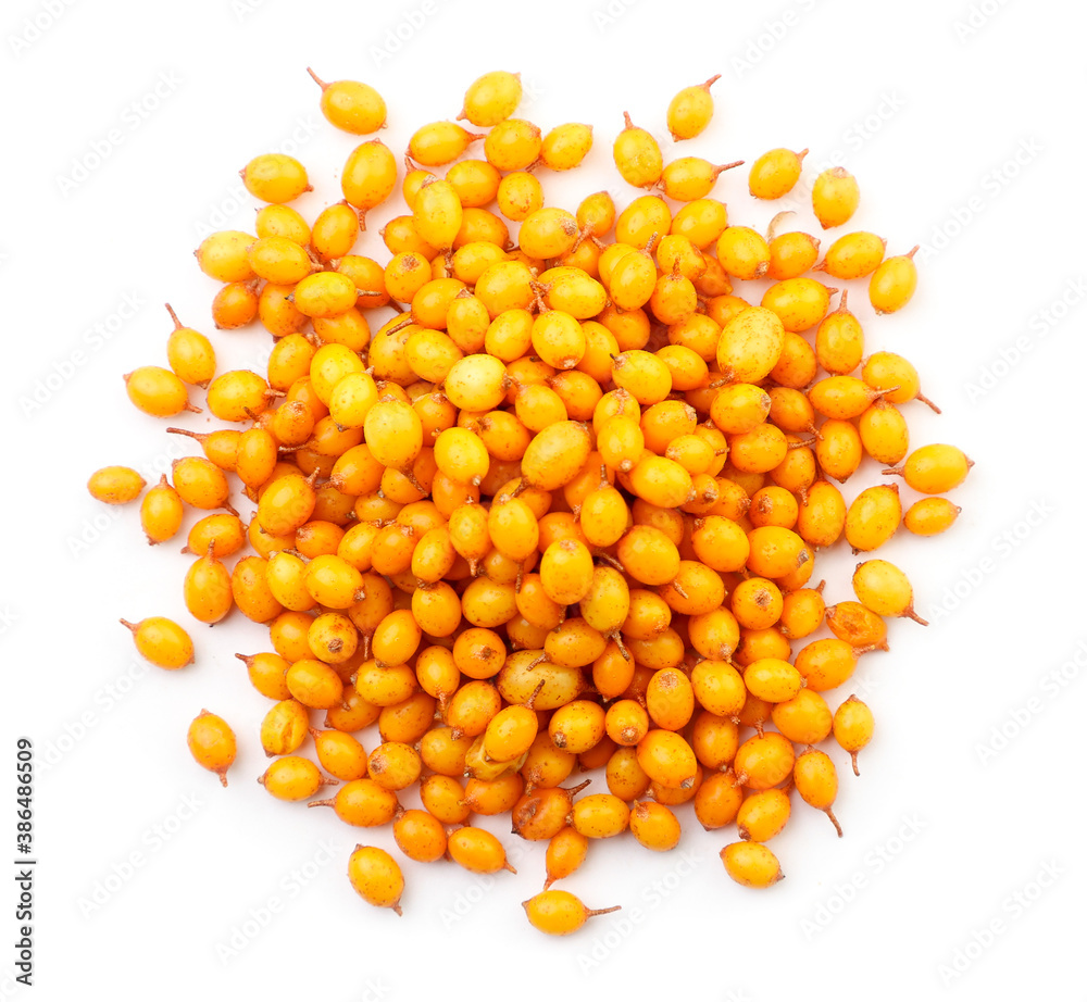 Sea buckthorn heap on white background, isolated. The view from top Sea buckthorn heap on white background, isolated. The view from top