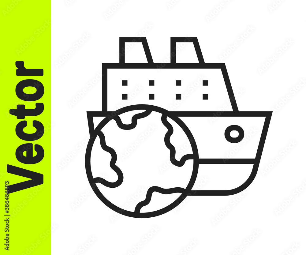 Black line Cruise ship icon isolated on white background. Travel tourism nautical transport. Voyage passenger ship, cruise liner. Worldwide cruise. Vector. Black line Cruise ship icon isolated on white background. Travel tourism nautical transport. Voyage passenger ship, cruise liner. Worldwide cruise. Vector.
