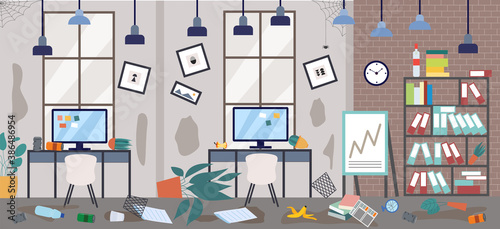 Dirty office with scattered things in disorder, flat vector illustration.