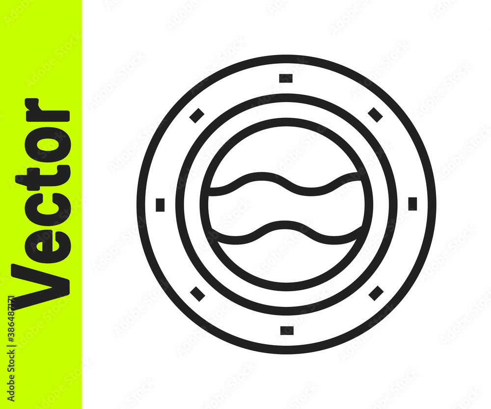 Black line Ship porthole with rivets and seascape outside icon isolated on white background. Vector. Black line Ship porthole with rivets and seascape outside icon isolated on white background. Vector.