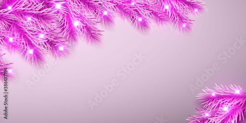 Festive Christmas or New Year Background. Christmas pink spruce branches. Holiday's Background. Vector illustration