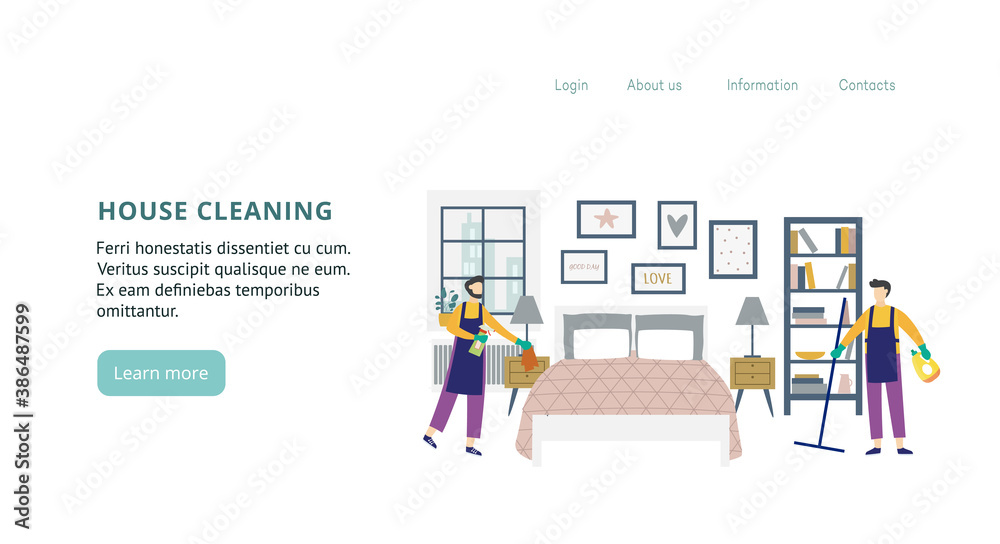 Website with people performing professional cleaning, flat vector illustration.