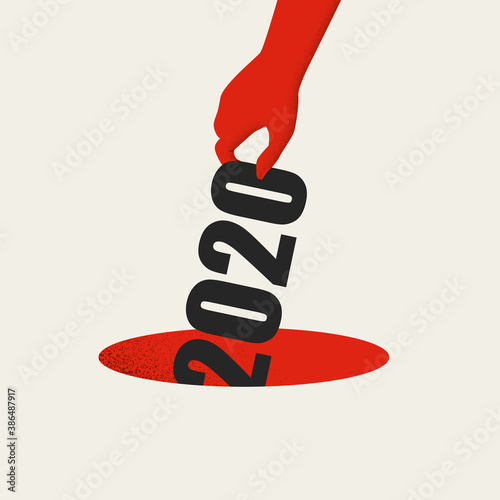 Bad year 2020 vector concept with hand throwing out number into trash. Symbol of negative attitude, uncertain future.