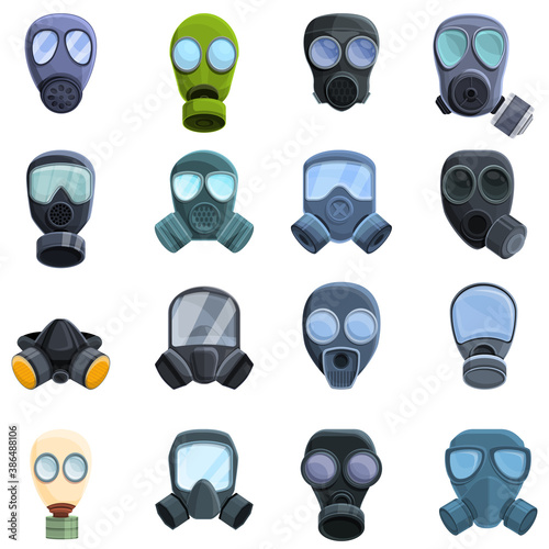 Gas mask icons set. Cartoon set of gas mask vector icons for web design