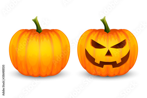 Vector Glossy Cartoon Halloween Pumkin Lantern. Funny Face and Blank. Icon Set Closeup Isolated on White Background. Front View. Design Template. Autumn Holidays, Halloween Concept photo