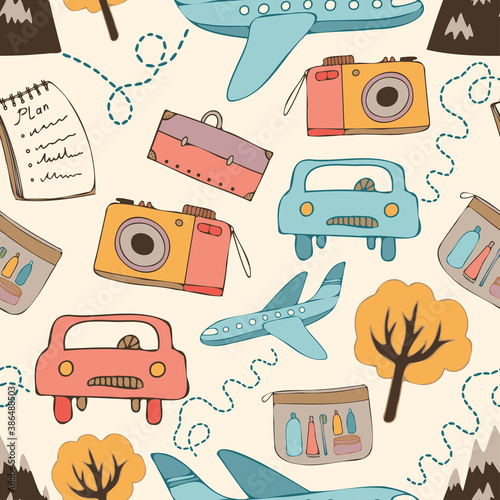 Seamless vector pattern vintage travelling design with camera, airplane, notebook, car