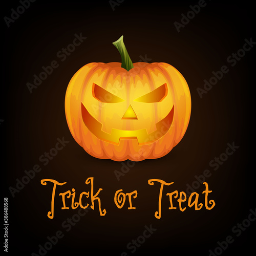 Trick or Treat. Happy Halloween Banner with Pumkin. Vector Glossy Cartoon Halloween Pumkin Lantern with Funny Face on Black Background. Front View. Design Template. Autumn Holidays, Halloween Concept