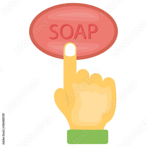 
An icon showing block with soap written over it and some bubbles, soap icon
