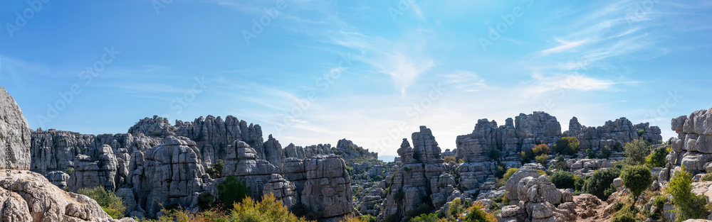 Beautiful panoramic view of El Torcal, a group of rocky areas eroded over the years, perfect for tourism and climbers.