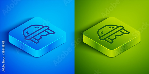 Photography Isometric line Hockey helmet icon isolated on blue and green background
