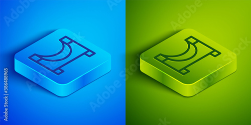 Isometric line Skate park icon isolated on blue and green background. Set of ramp, roller, stairs for a skatepark. Extreme sport. Square button. Vector.