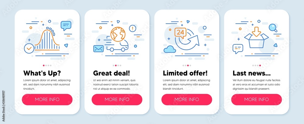 Set of Transportation icons, such as Roller coaster, Delivery service, 24 hours symbols. Mobile app mockup banners. Get box line icons. Attraction park, International parcel, Repeat. Vector