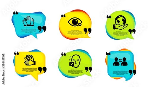 Face accepted, Vote and Save planet icons simple set. Speech bubble with quotes. Myopia, Clapping hands and Communication signs. Access granted, Voting hands, Outsourcing. Vector
