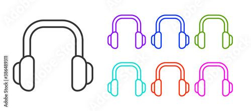 Black line Winter headphones icon isolated on white background. Earmuffs sign. Set icons colorful. Vector.