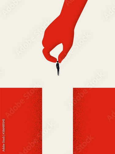 Business redundancy, furlough, layoffs or dismissal vector concept. Hand dropping businessman into hole.