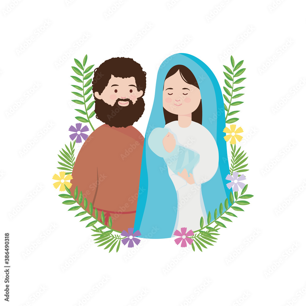 Φωτογραφία Nativity concept, Joseph and Virgin Mary around of decorative leaves and flowers