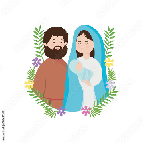 Nativity concept, Joseph and Virgin Mary around of decorative leaves and flowers, flat style