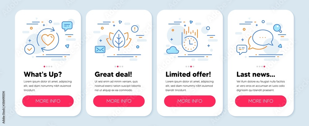 Set of line icons, such as Fast delivery, Organic tested, Update relationships symbols. Mobile screen banners. Dots message line icons. Stopwatch, Bio ingredients, Refresh love. Chat bubble. Vector
