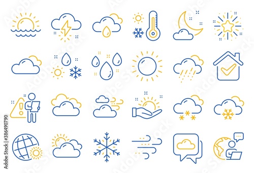 Weather and forecast line icons. Cloudy sky, winter snowflake, thermometer. Moon night, rain and sunset icons. Weather temperature, meteorology forecast and wind, thunder bolt. Line icon set. Vector